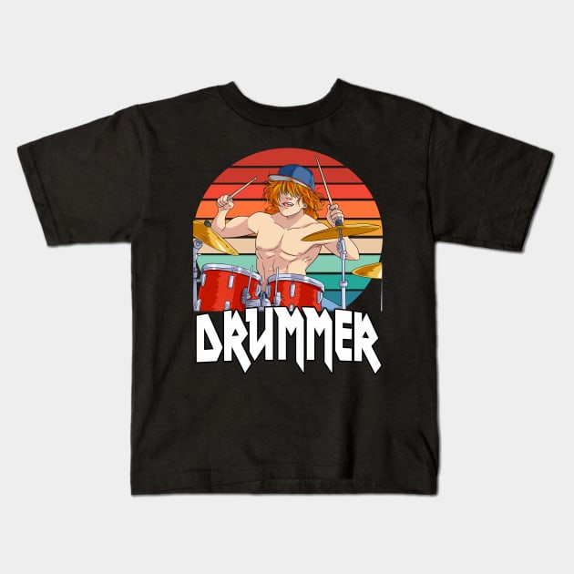 Rock N Roll Drummer Drumming Drums Musician Kids T-Shirt by Noseking